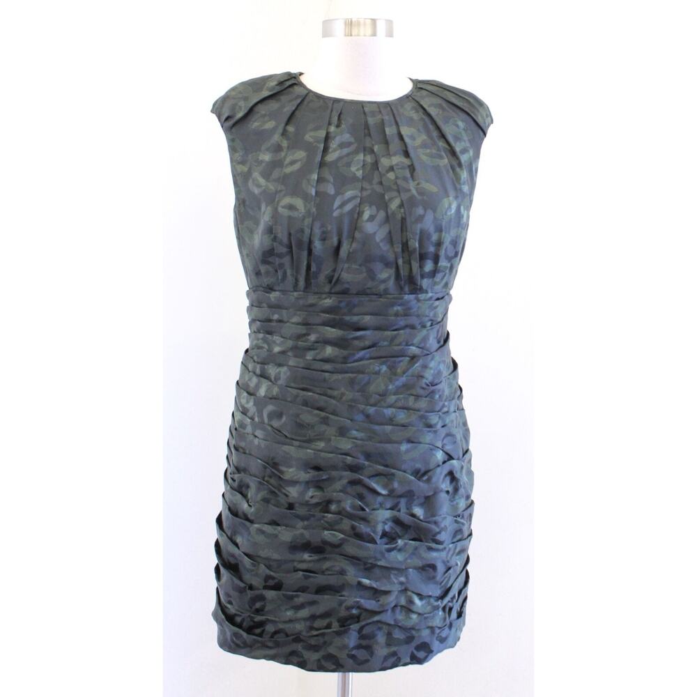 Jill Stuart Collection Green Animal Print Ruched Silk Mini Dress Size 8 Leopard
